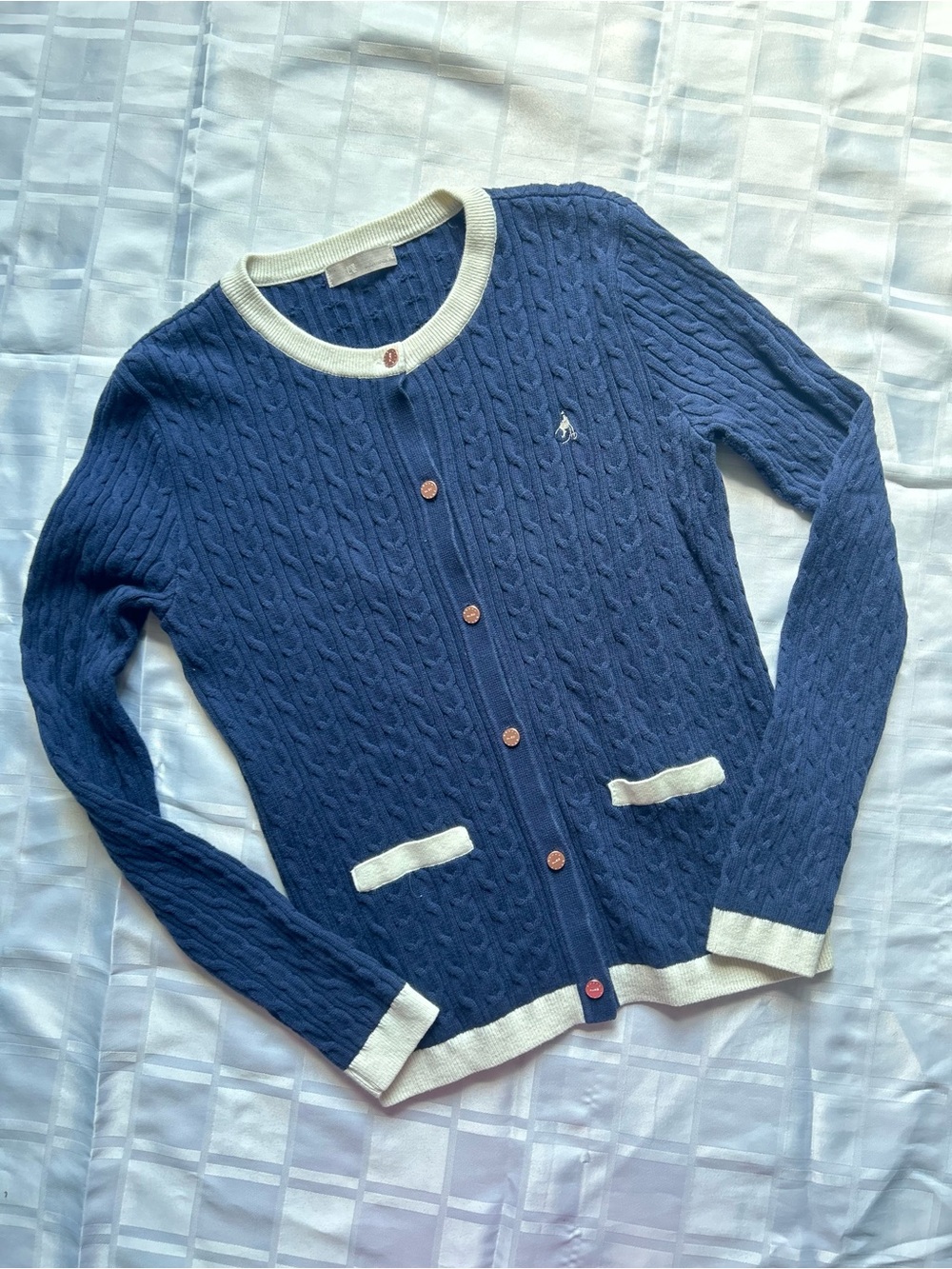Beanpole Blue & White Cable Knit Buttoned Cardigan Sweater